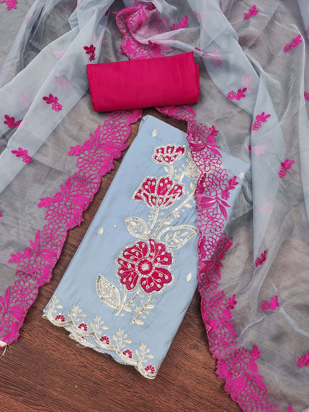 

SHADOW & SAINING Floral Embroidered Sequinned Pure Silk Unstitched Dress Material, Sea green