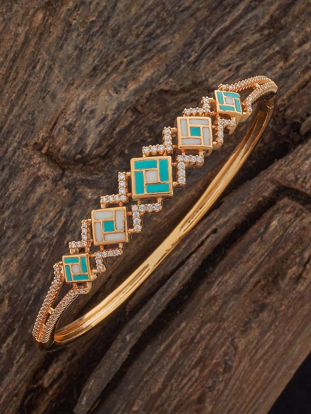 

Kushal's Fashion Jewellery Gold Plated Ivory-Mint Green Cubic Zircon Studded Kada Bangle