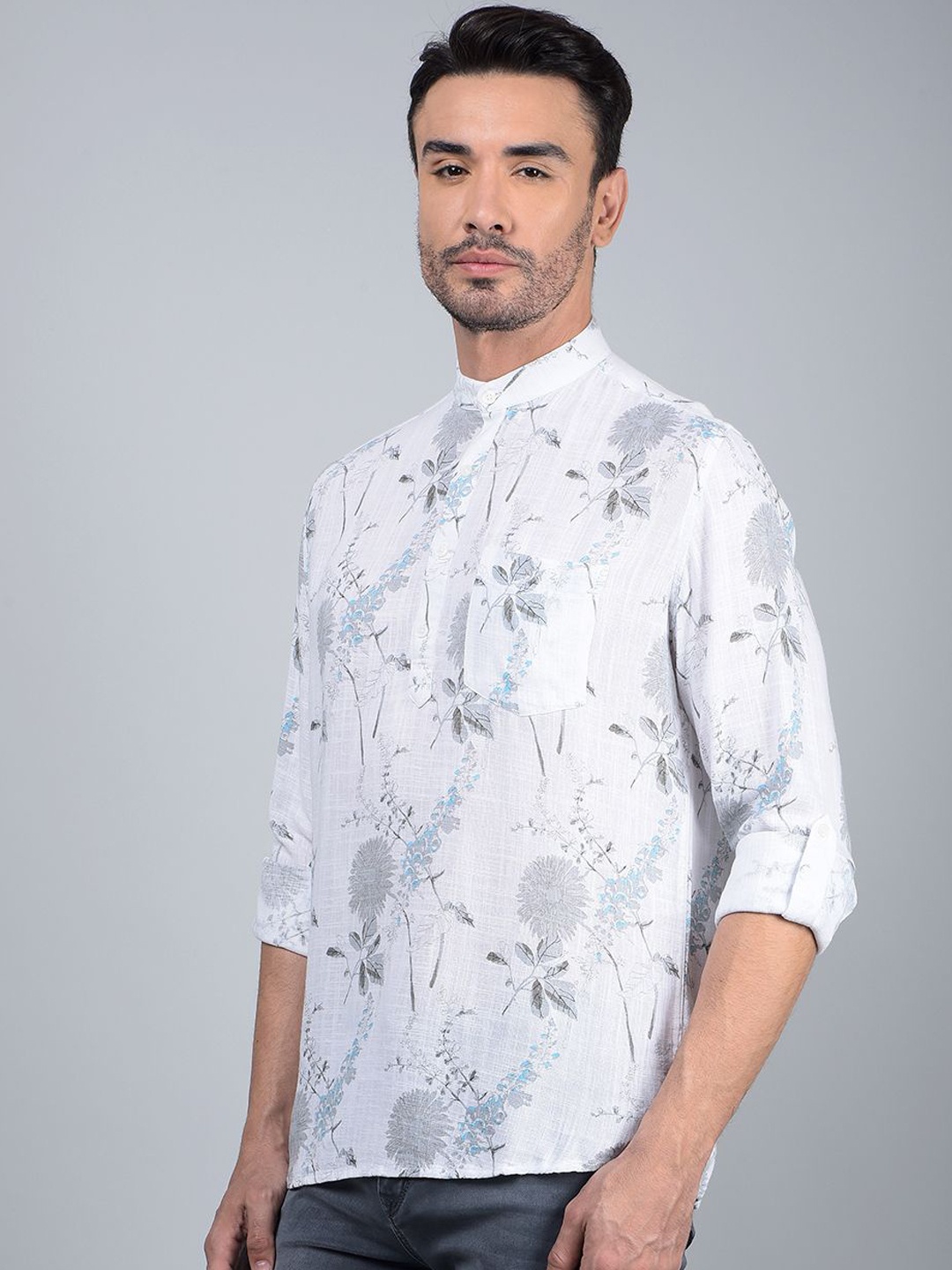 

Crimsoune Club Floral Printed Band Collar Pure Cotton Straight Kurta, White