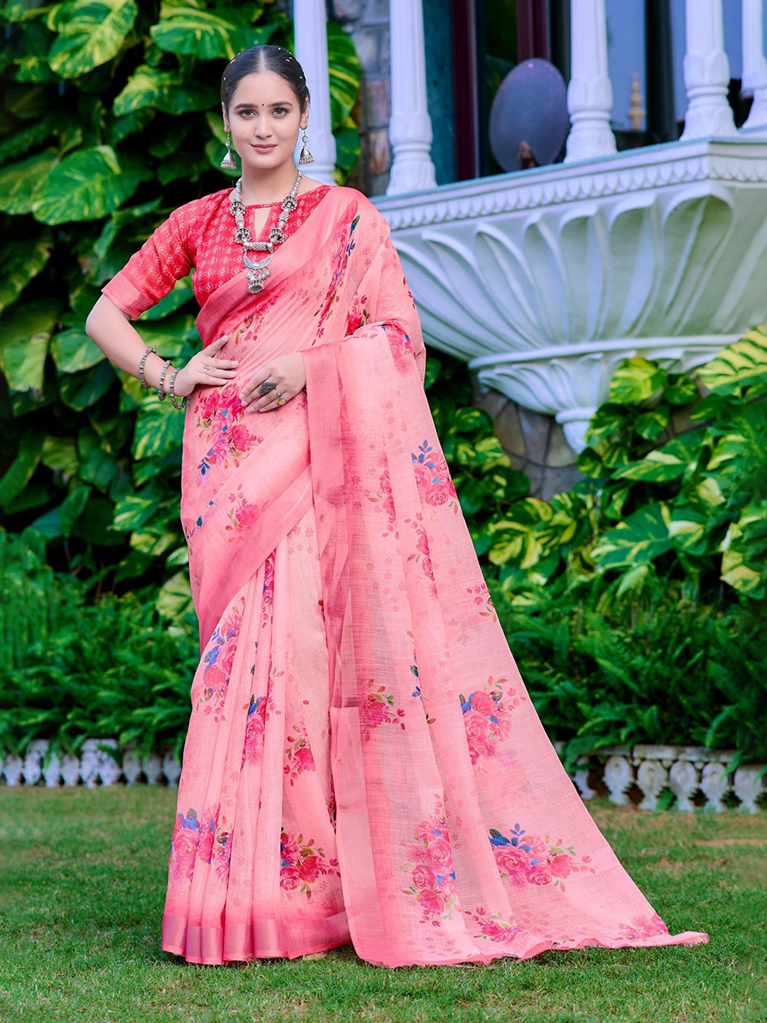 

Kalista Floral Printed Pure Cotton Saree, Peach