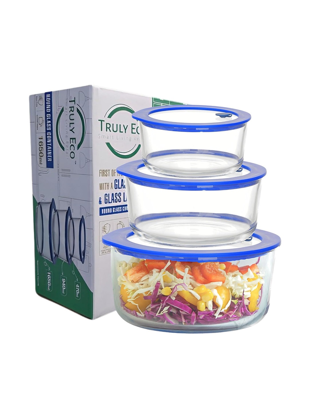 

Truly Eco Smart Living Retail Transparent & Blue 3 Pieces Glass BPA Free Fridge Containers