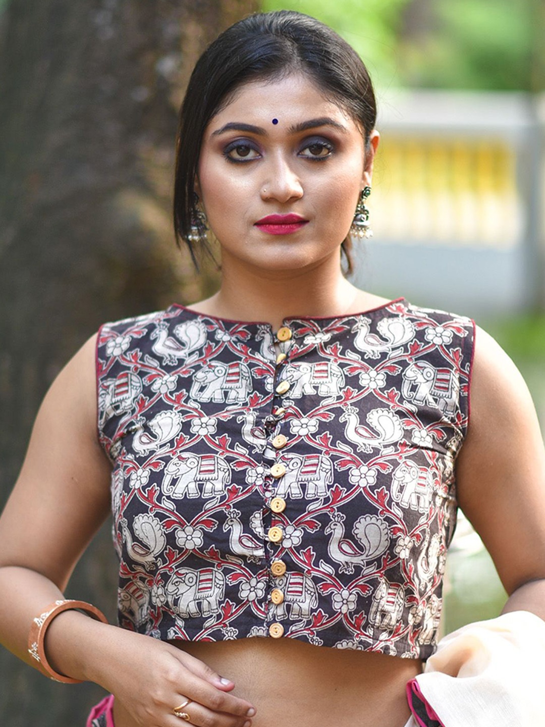 

Uttariya Printed Cotton Boat Neck Saree Blouse, Brown