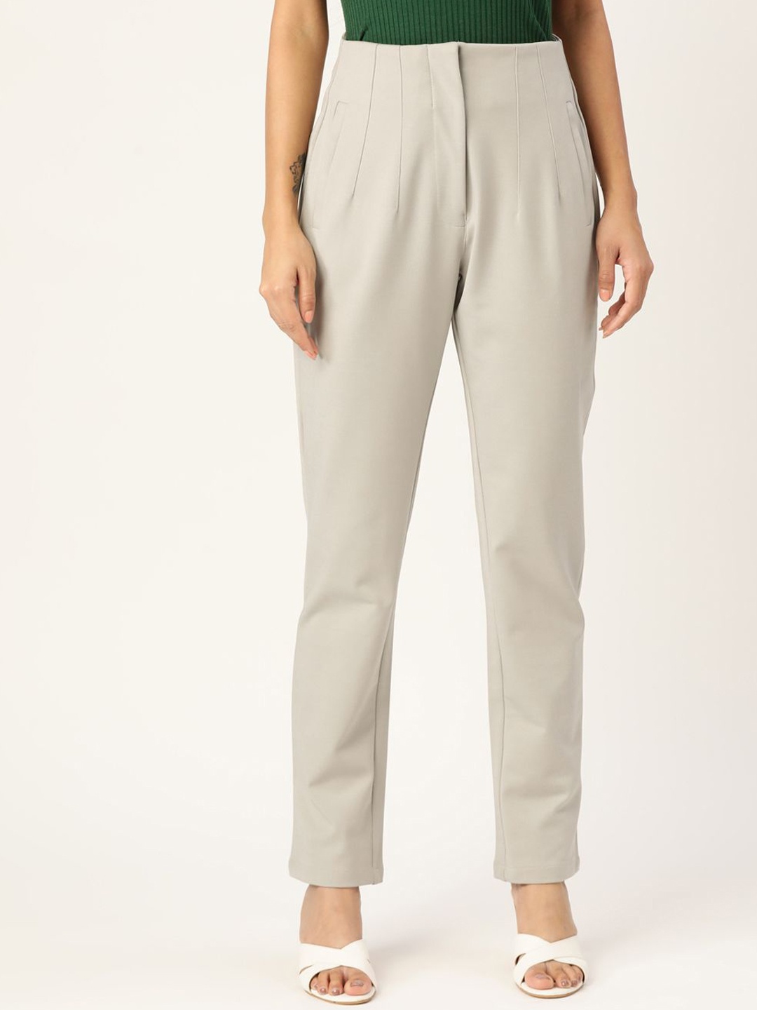 

Zastraa Women Smart Slim Fit High-Rise Pleated Trousers, Grey