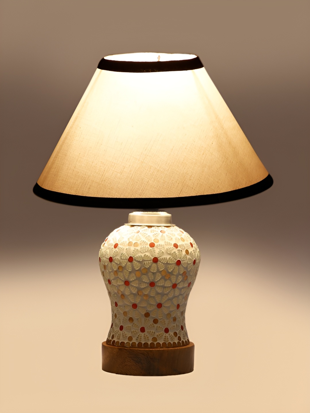 

Devansh White & Red Printed Wooden Frustum Shaped Table Lamp With Mosaic Glass Base