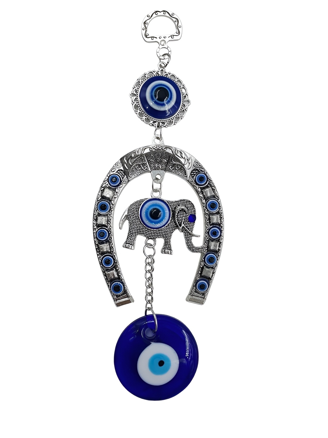 

Vrinban International Horseshoe With Elephant Charm Evil Eye Wall Hanging, Silver