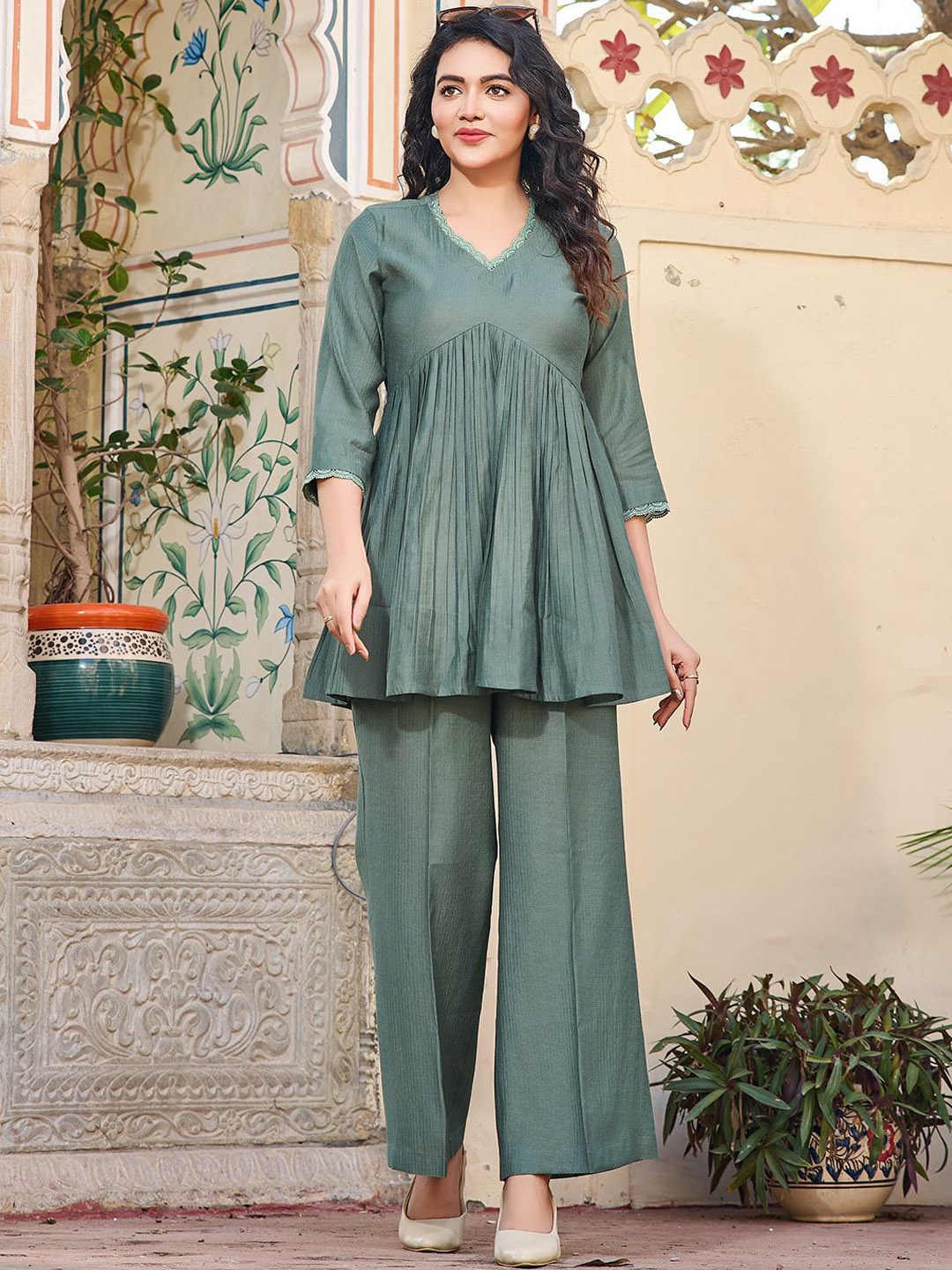 

Moda Rapido V-Neck Pleated Tunic With Trouser, Green
