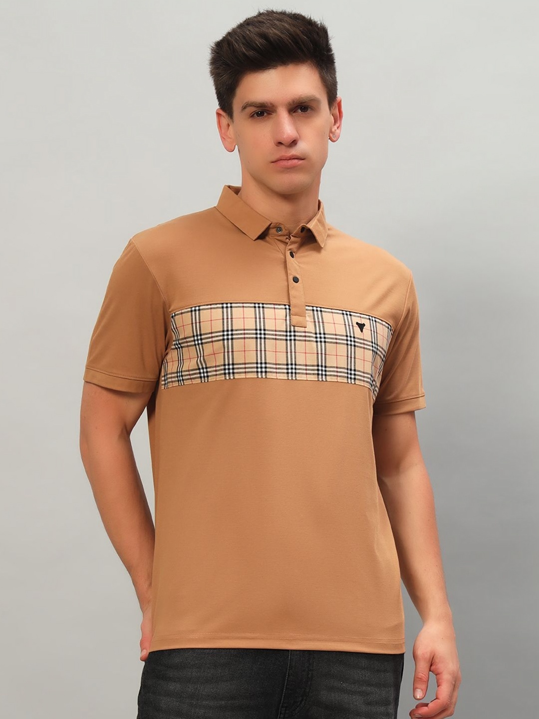

PROFY Men Geometric Printed Polo Collar Cotton T-shirt, Brown