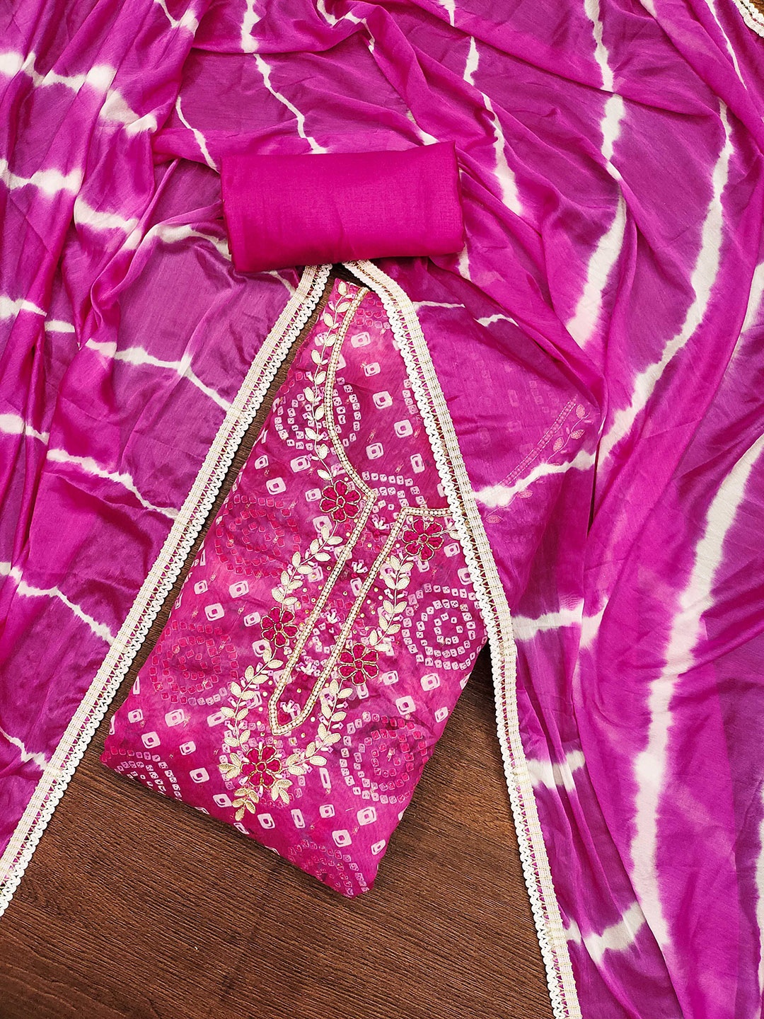 

SHADOW & SAINING Bandhani Printed Gotta Patti Semi-Stitched Dress Material, Pink