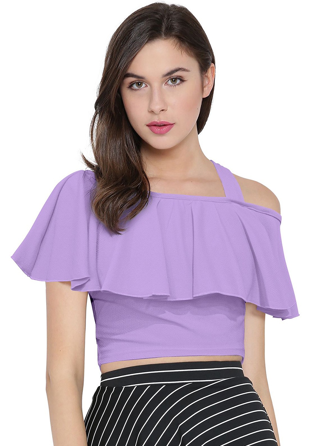 

S.K.C Women Shoulder Straps Flared Sleeves Fitted Top, Purple