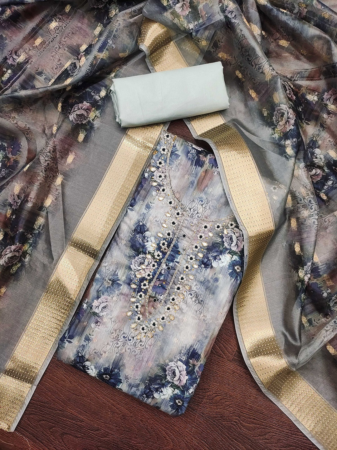 

SHADOW & SAINING Printed Semi-Stitched Dress Material, Blue