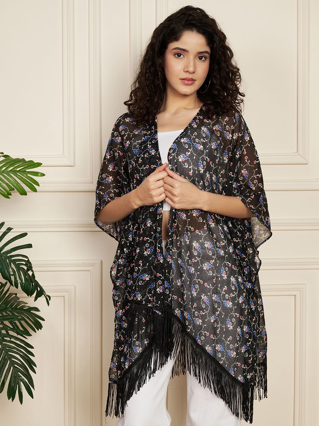 

Fbella Floral Printed Shrug, Black
