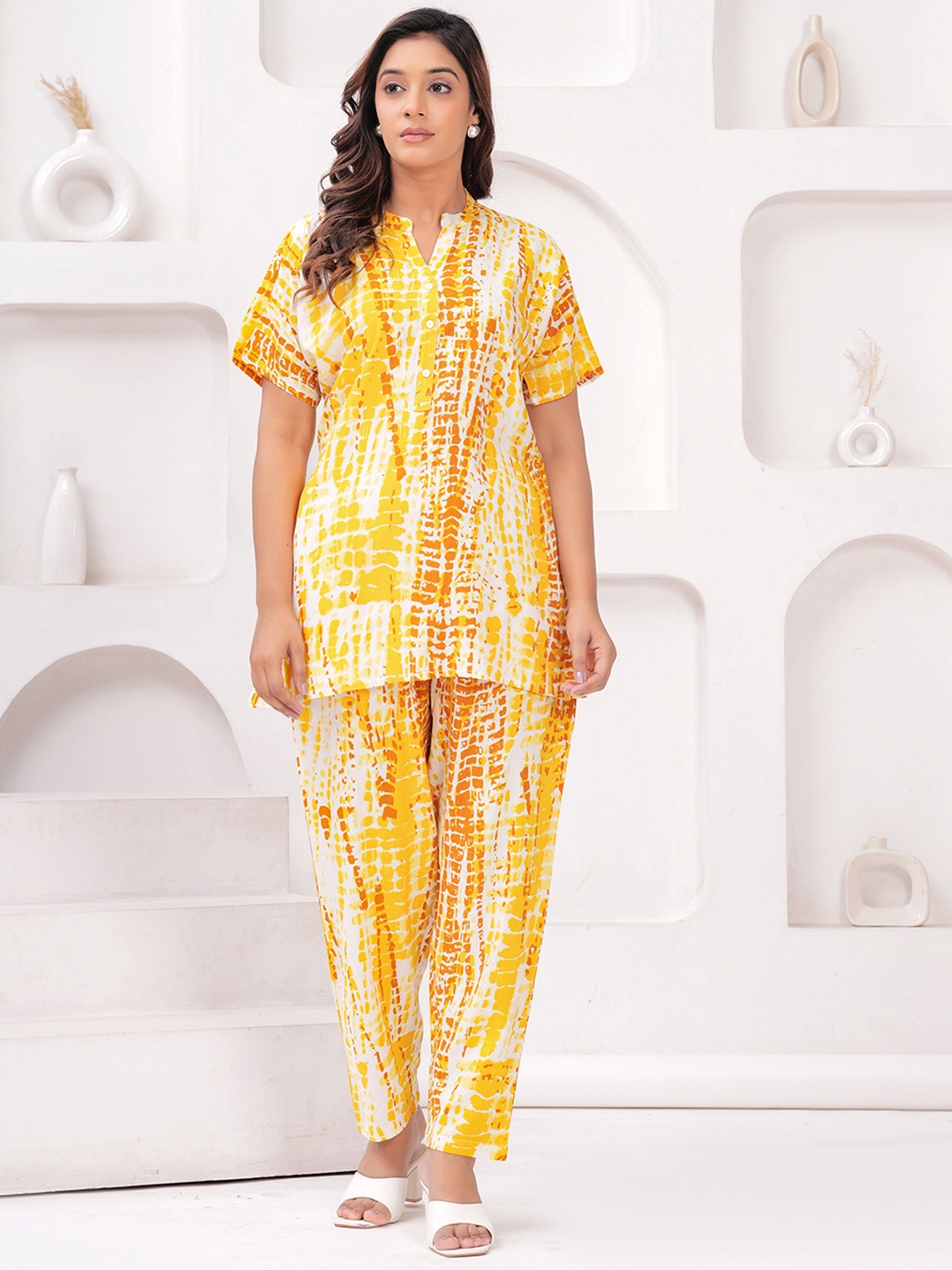 

all about you Printed Mandarin Collar Tunic With Trouser, Yellow