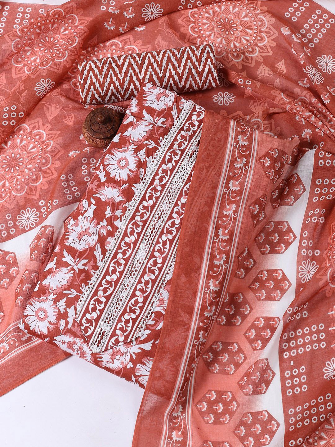 

Meena Bazaar Floral Printed Cotton Unstitched Dress Material, Rust
