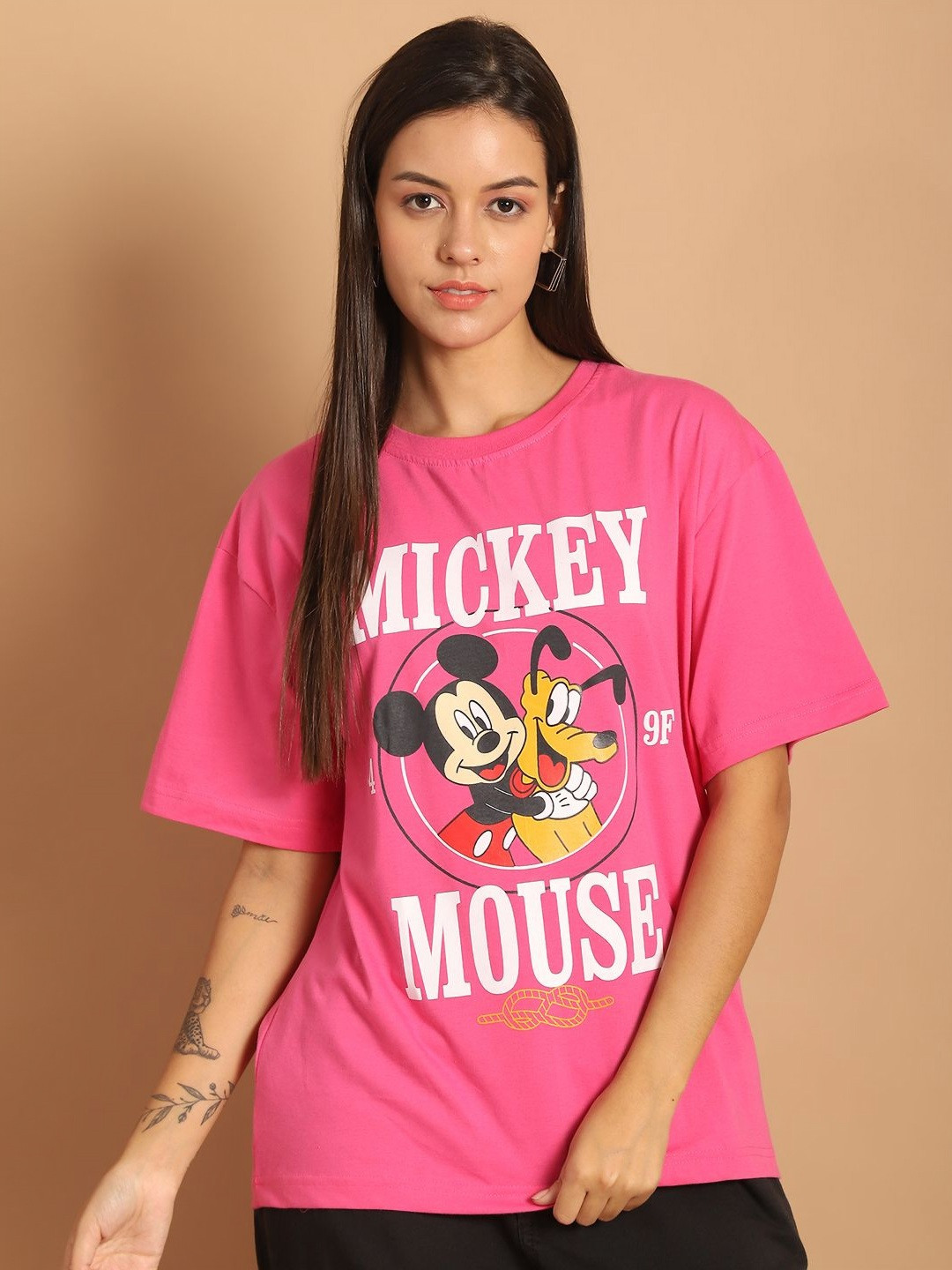 

Dreambe Typography Printed Drop-Shoulder Sleeves Pure Cotton Oversized T-shirt, Pink