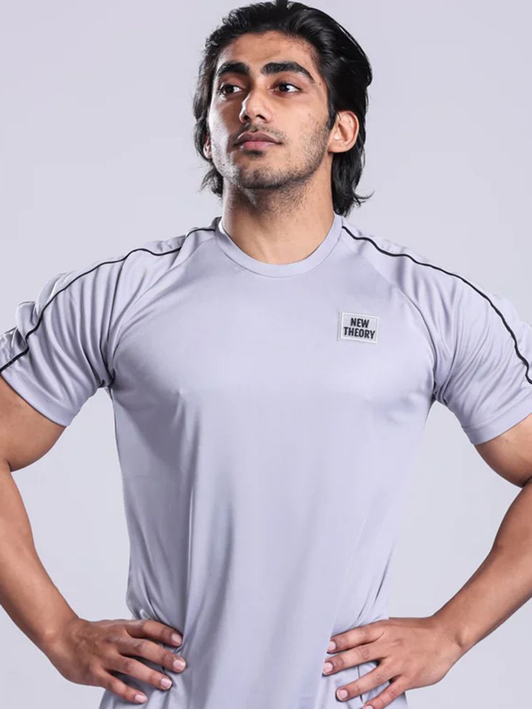 

New Theory Sports Round Neck Drop-Shoulder Sleeves Slim Fit T-shirt, Grey