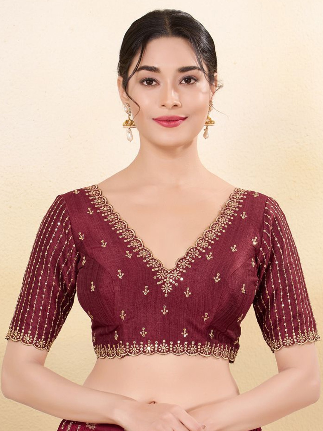 

VAMAS - THE DESIGNER BLOUSES Women V-Neck Padded Saree Blouse, Maroon