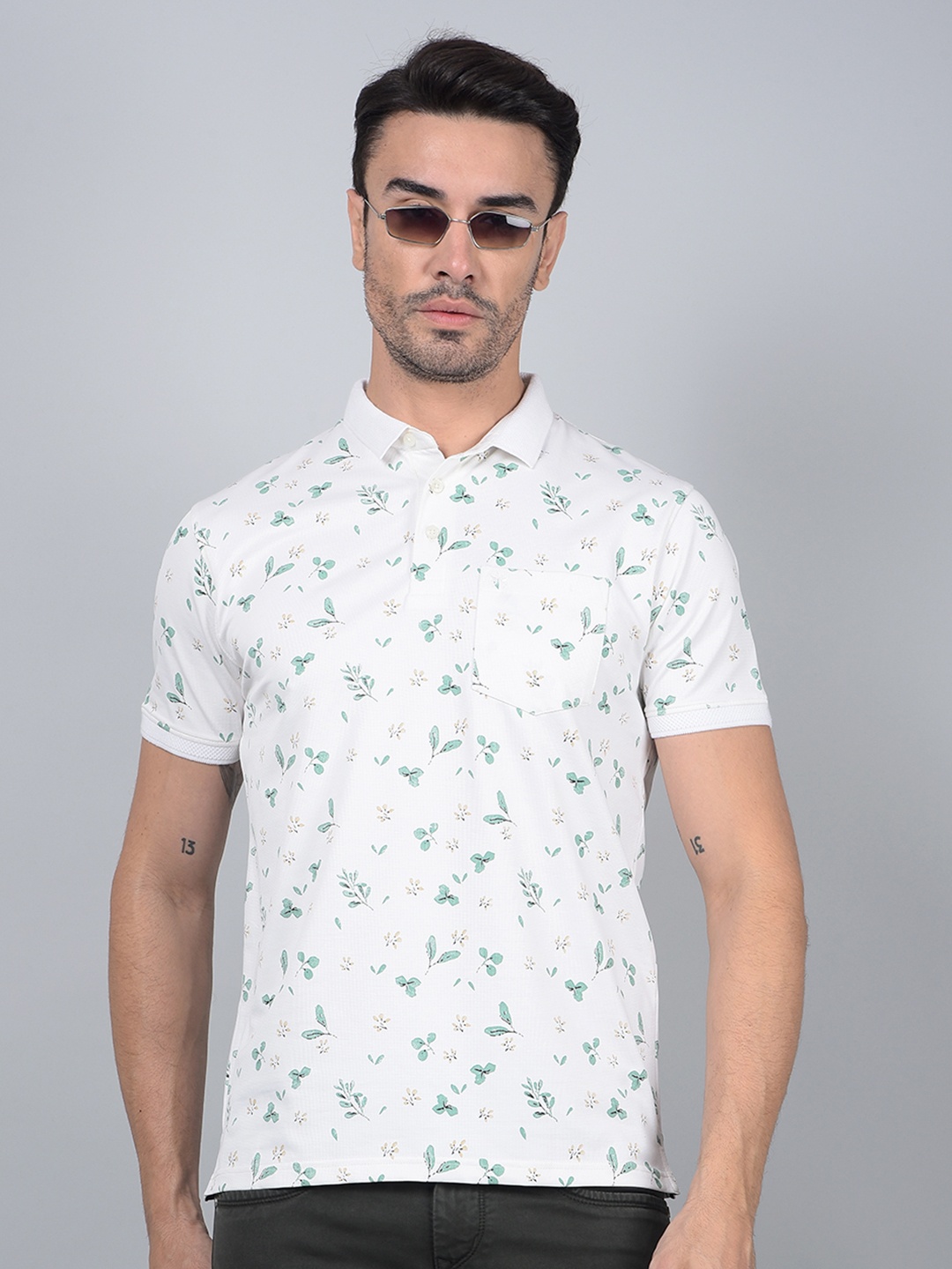 

Crimsoune Club Slim Fit Floral Printed Polo Collar Cotton T-shirt, White