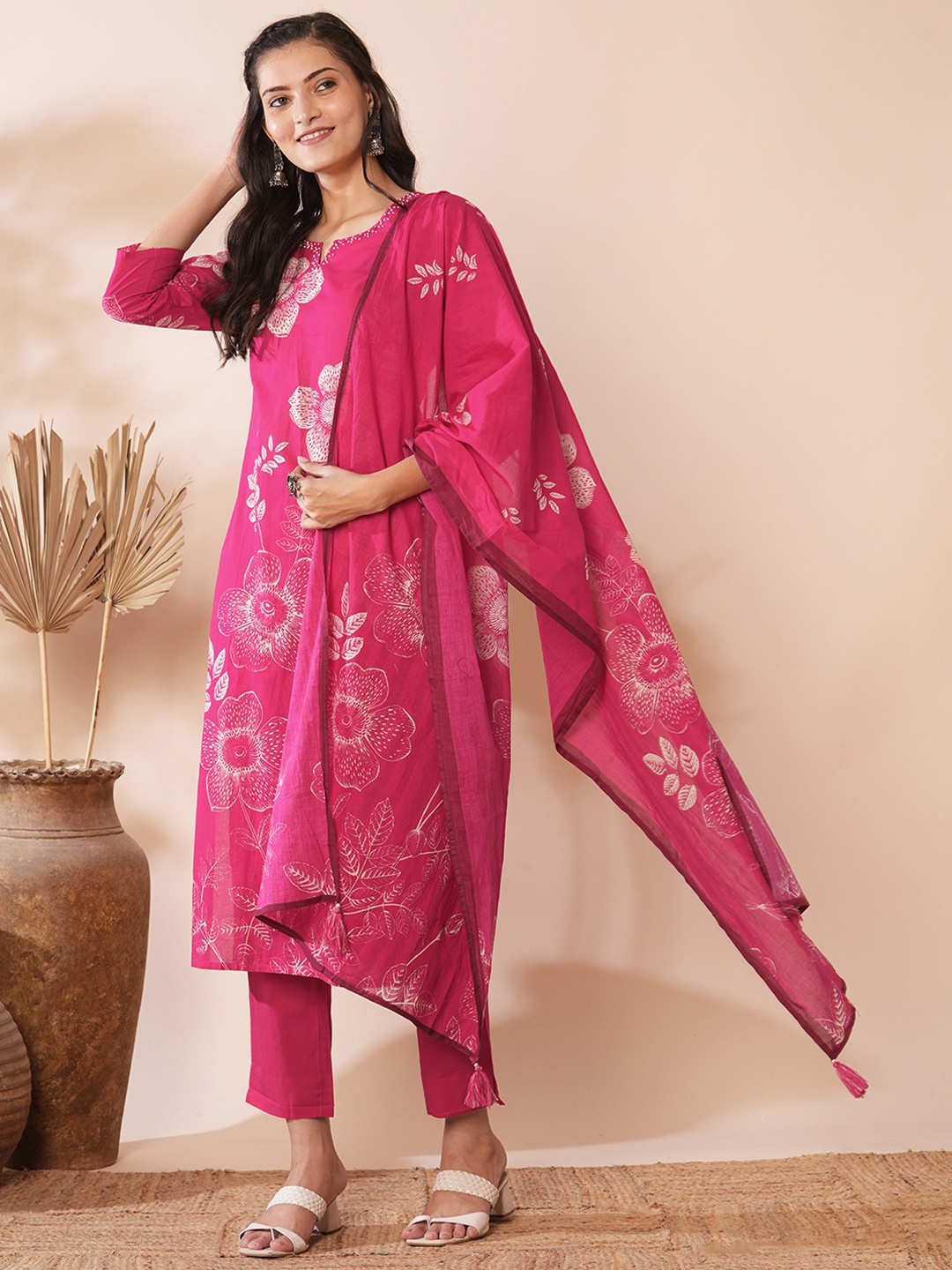 

FASHOR Floral Printed Mirror Work Pure Cotton Kurta With Trousers & Dupatta, Pink