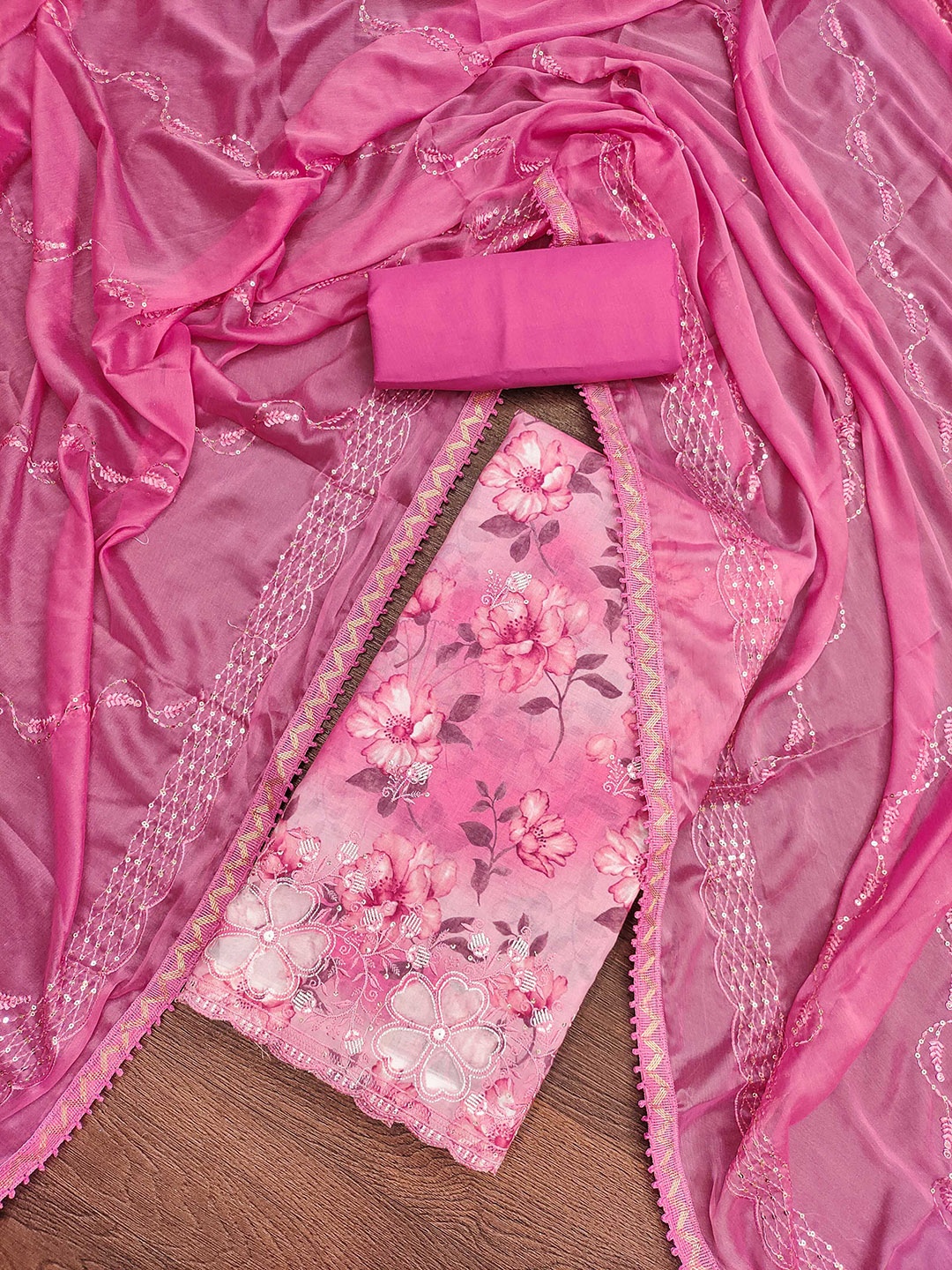 

SHADOW & SAINING Embroidered Pure Cotton Semi-Stitched Dress Material, Pink