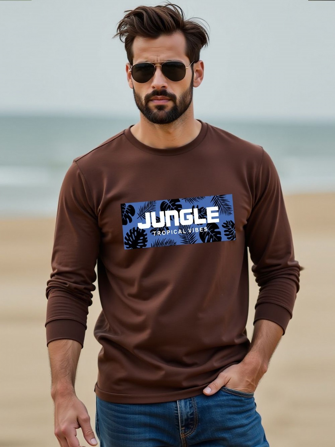 

Genzy Cotton Printed Round Neck T-shirt, Brown