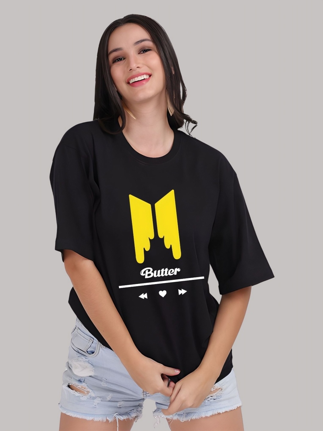 

SZN Women Graphic Printed Round Neck Cotton Oversized T-shirt, Black