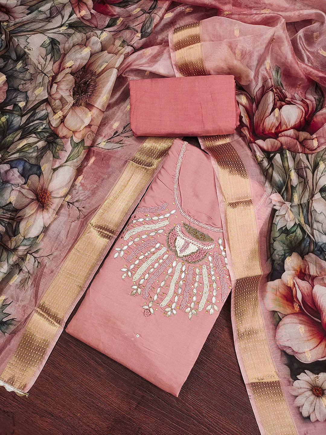 

SHADOW & SAINING Embellished Pure Silk Semi-Stitched Dress Material, Peach