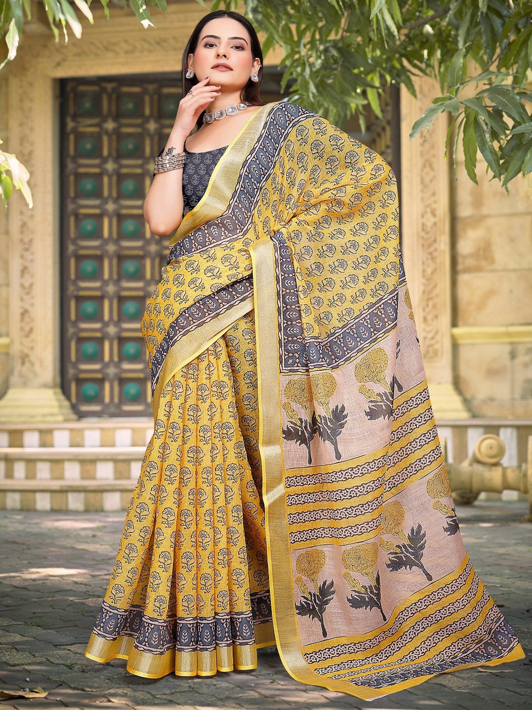 

ORUS Ethnic Motifs Zari Pure Cotton Saree, Mustard