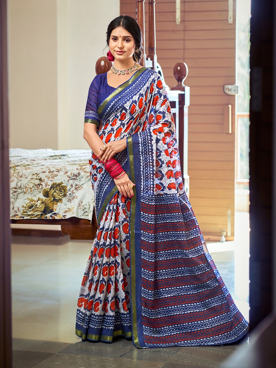 

VEECHIS Ethnic Motifs Zari Pure Cotton Saree, Blue