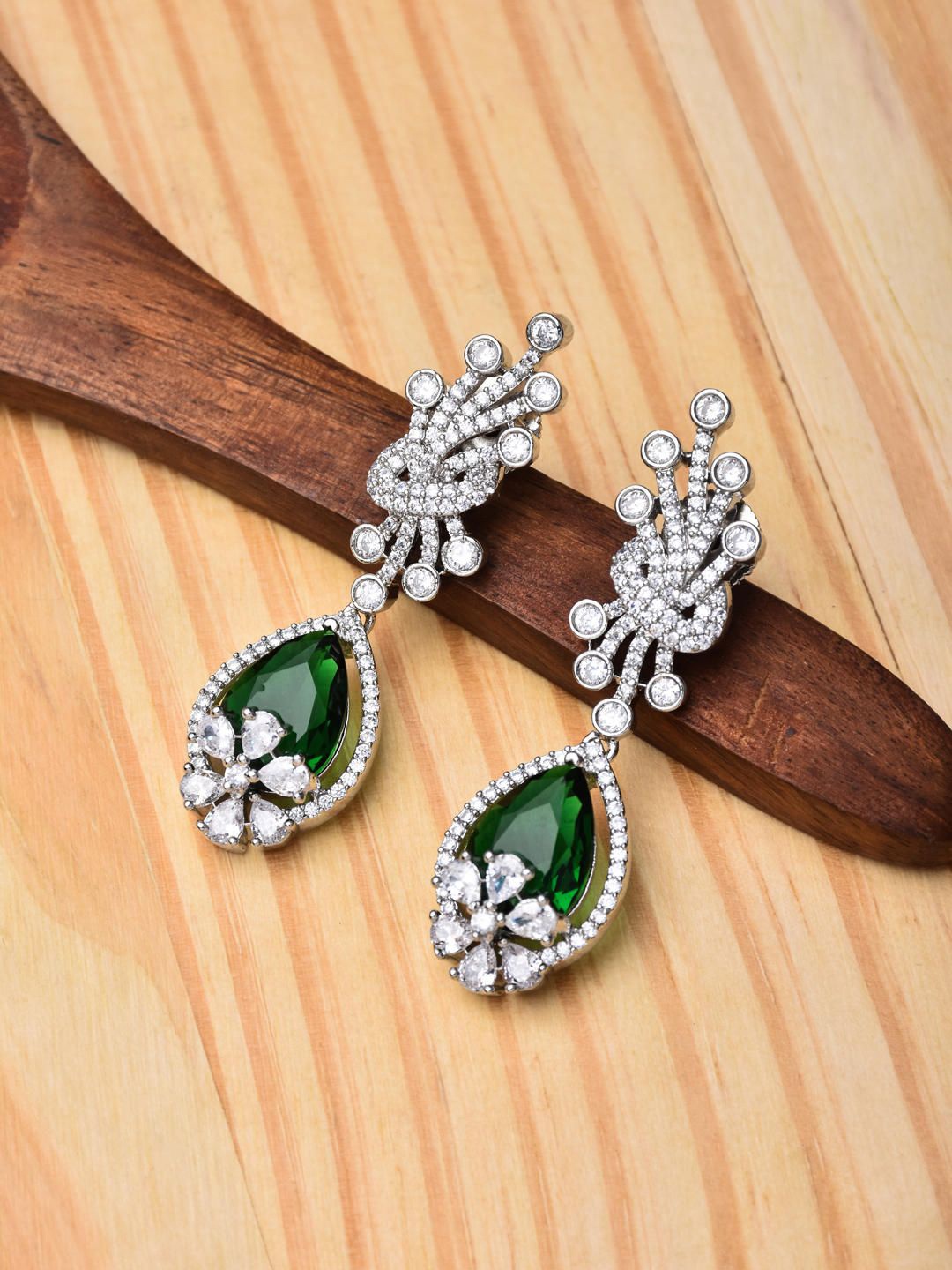 

Reenisaa Rhodium-Plated Cubic Zirconia Studded Leaf Shaped Drop Earrings, Silver