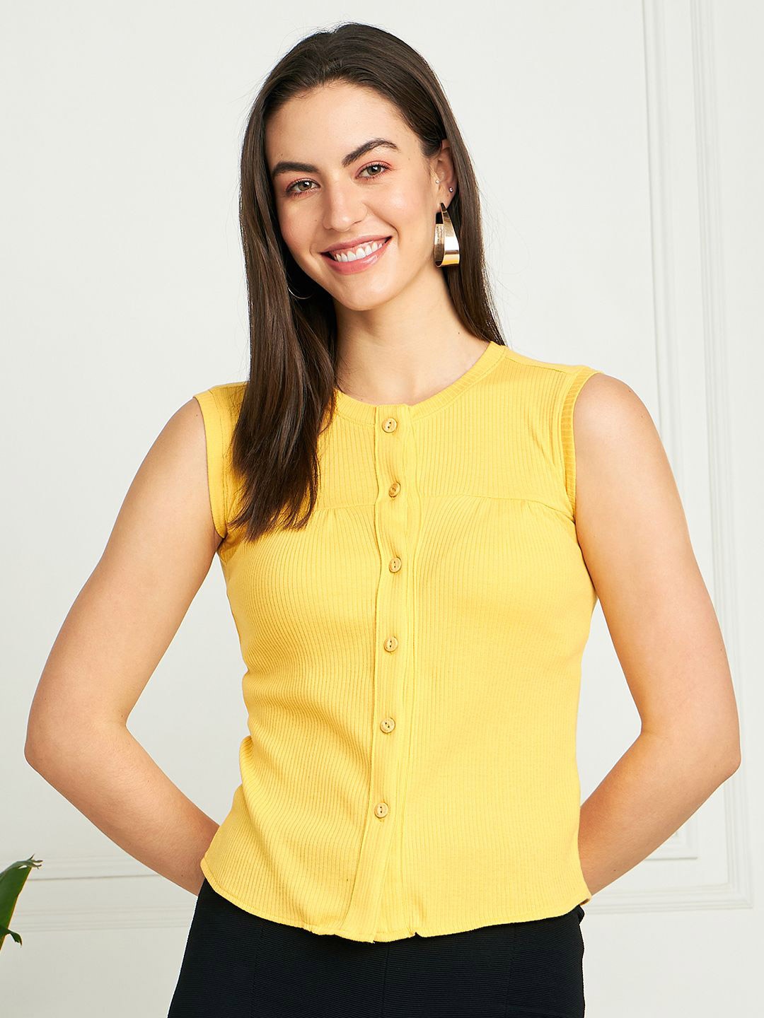 

PIVL Solid Ribbed Round Neck Sleeveless Top, Mustard