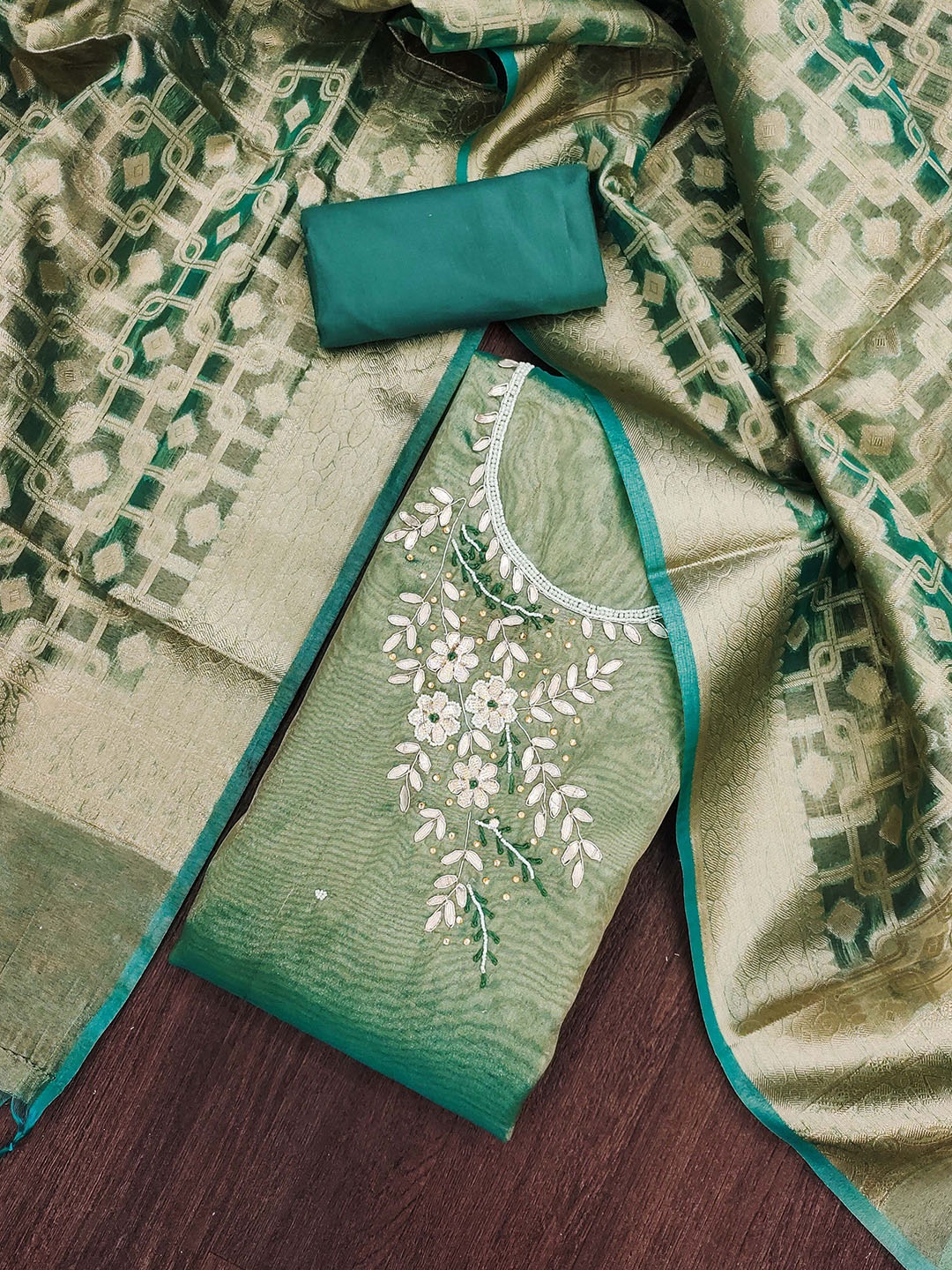 

SHADOW & SAINING Embellished Semi-Stitched Dress Material, Sea green