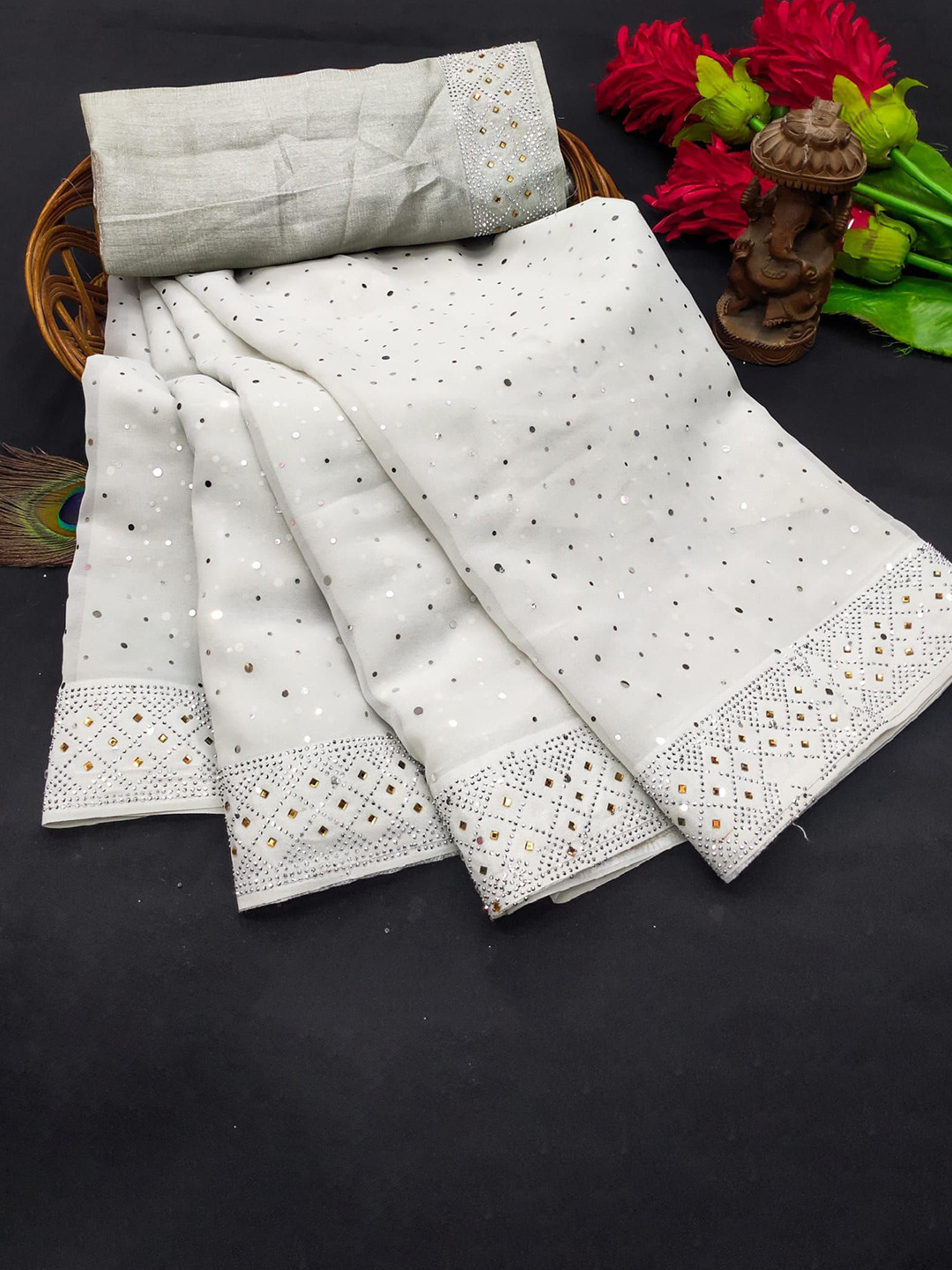 

KEERAT FASHION Embellished Beads and Stones Saree, Grey