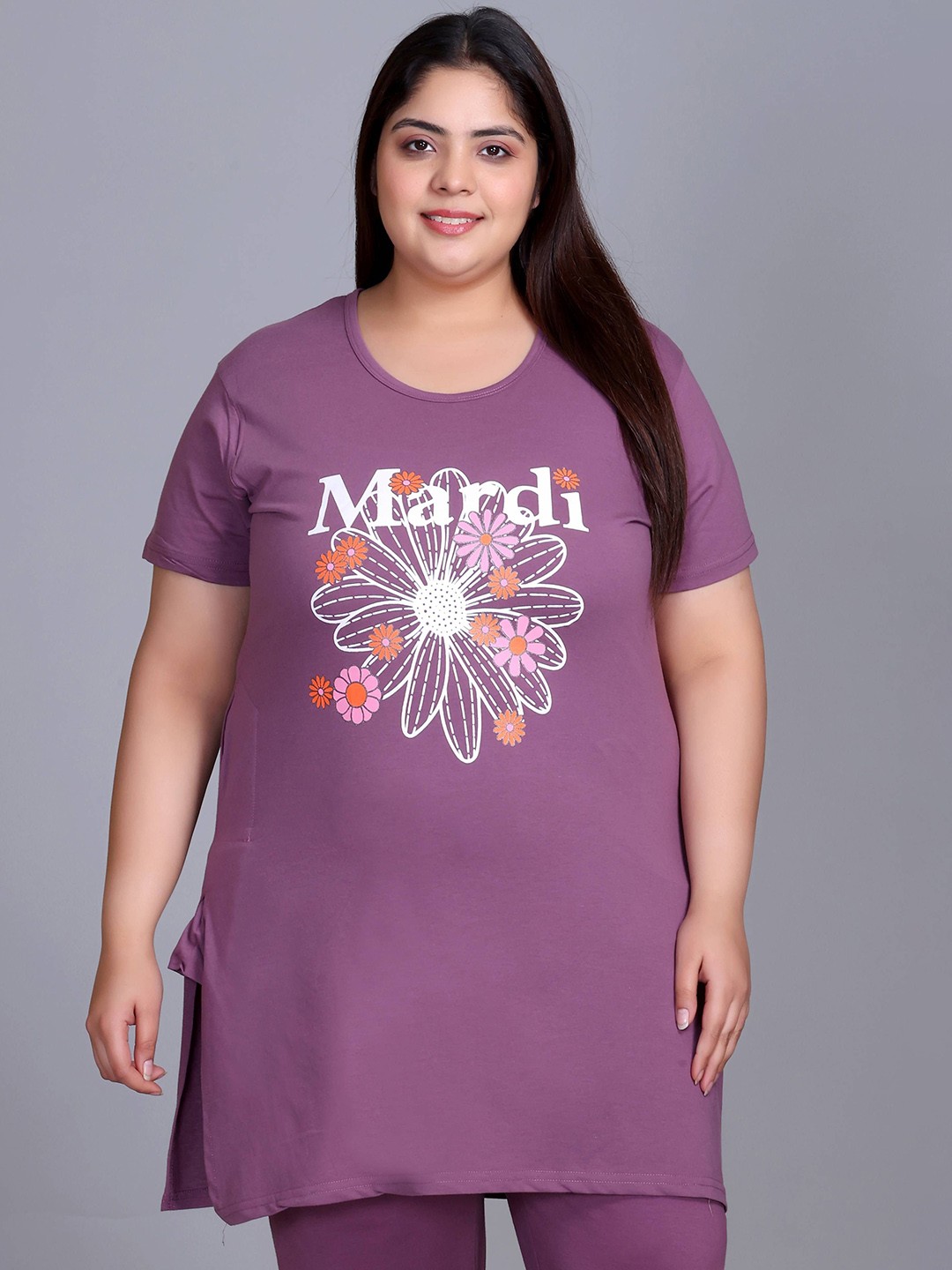 

IN Love Women Printed Plus Size Cotton Longline Lounge Tshirts, Purple