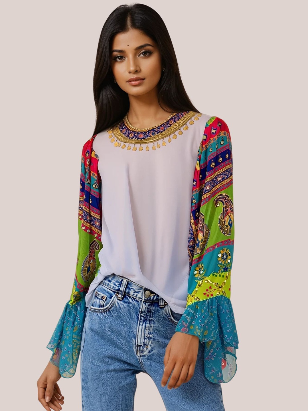 

The BANJARA TRAIL Women Floral Printed Bohemian Cotton Blouson Top, White