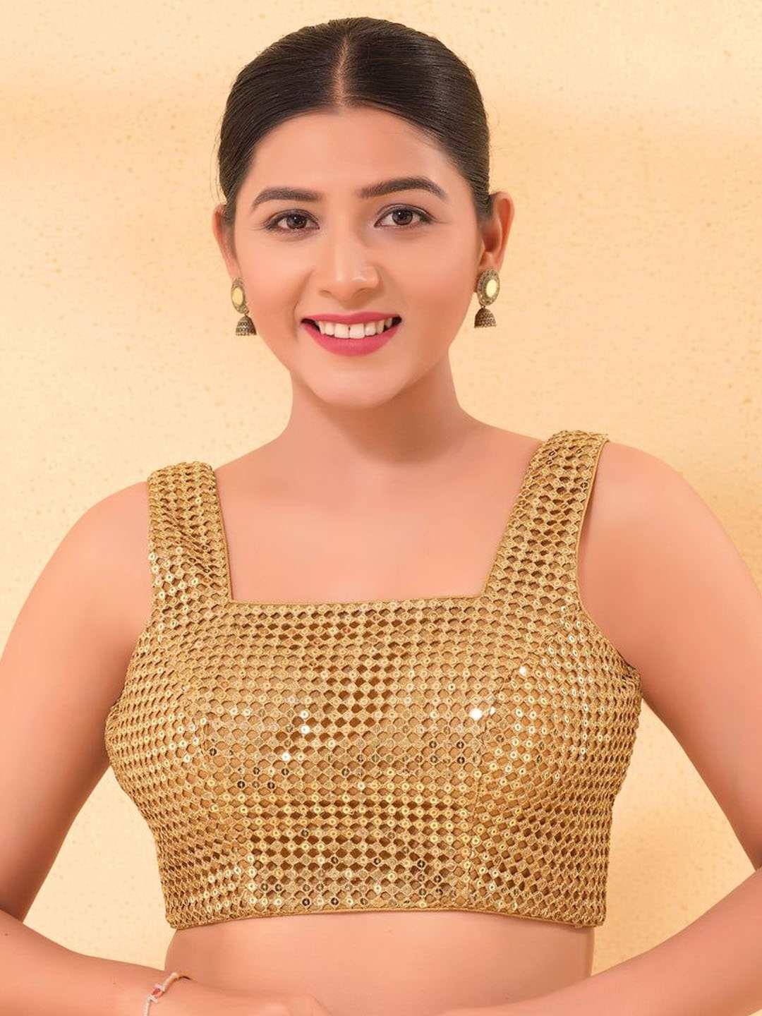 

VAMAS - THE DESIGNER BLOUSES Women Round Neck Padded Saree Blouse, Gold