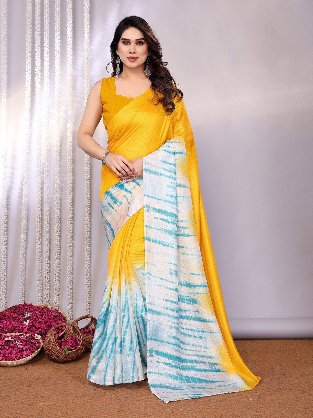 

ROOP SUNDARI SAREES Tie & Dye Printed Saree, Yellow