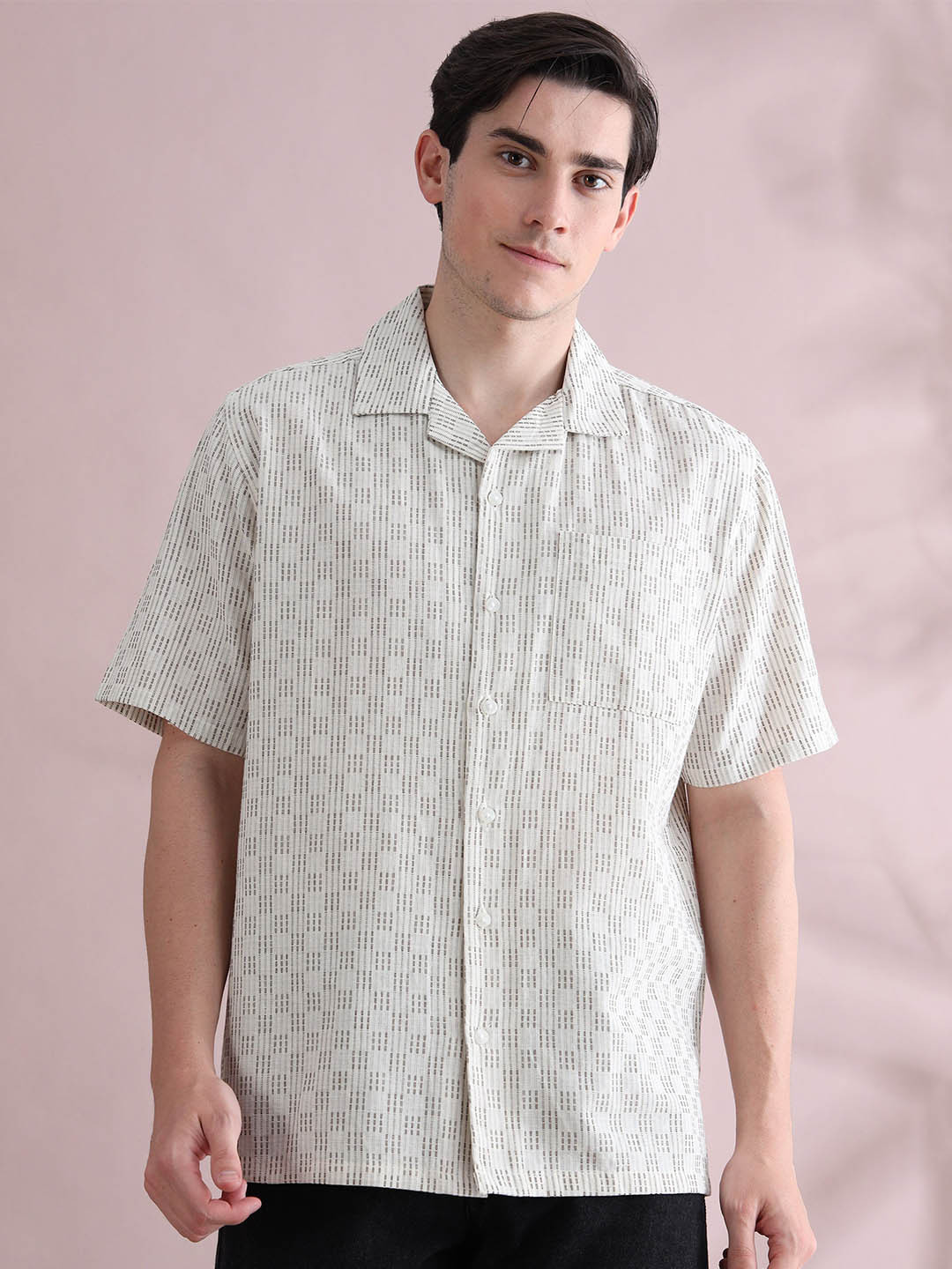 

StitchX Men Cuban Collar Geometric Printed Casual Shirt, Cream