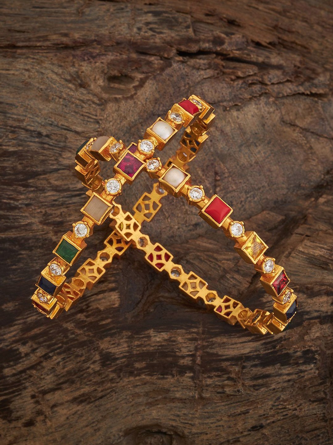 

Kushal's Fashion Jewellery Set Of 2 92.5 Pure Silver Gold-Plated Navaratna Temple Bangles