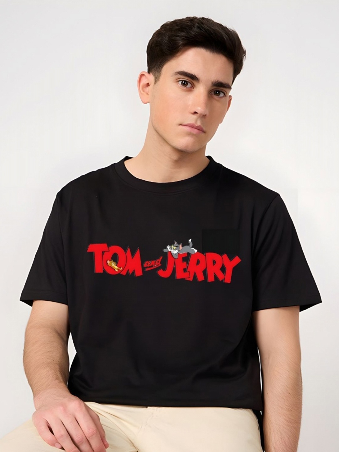 

SZN Men Tom & Jerry Graphic Printed Round Neck Cotton T-shirt, Black