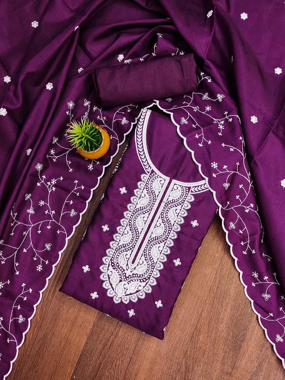 

SHADOW & SAINING Floral Embroidered Thread Work Jalpari Cotton Unstitched Dress Material, Purple