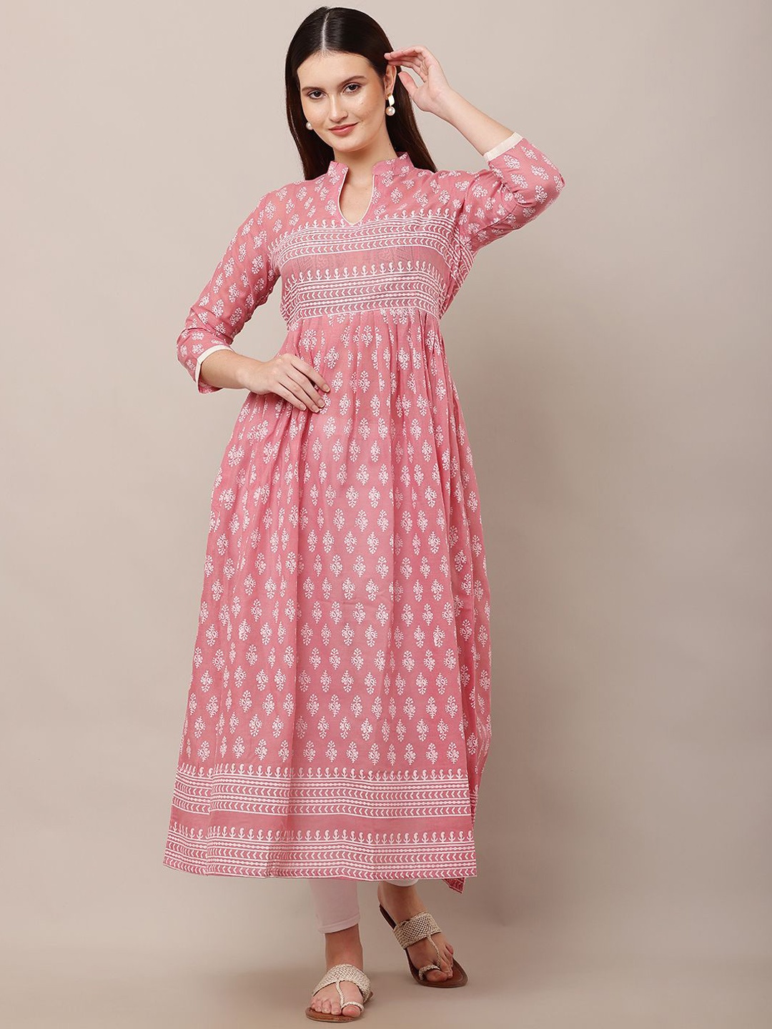 

EZIS FASHION Floral Printed Mandarin Collar Pure Cotton Anarkali Kurta, Pink