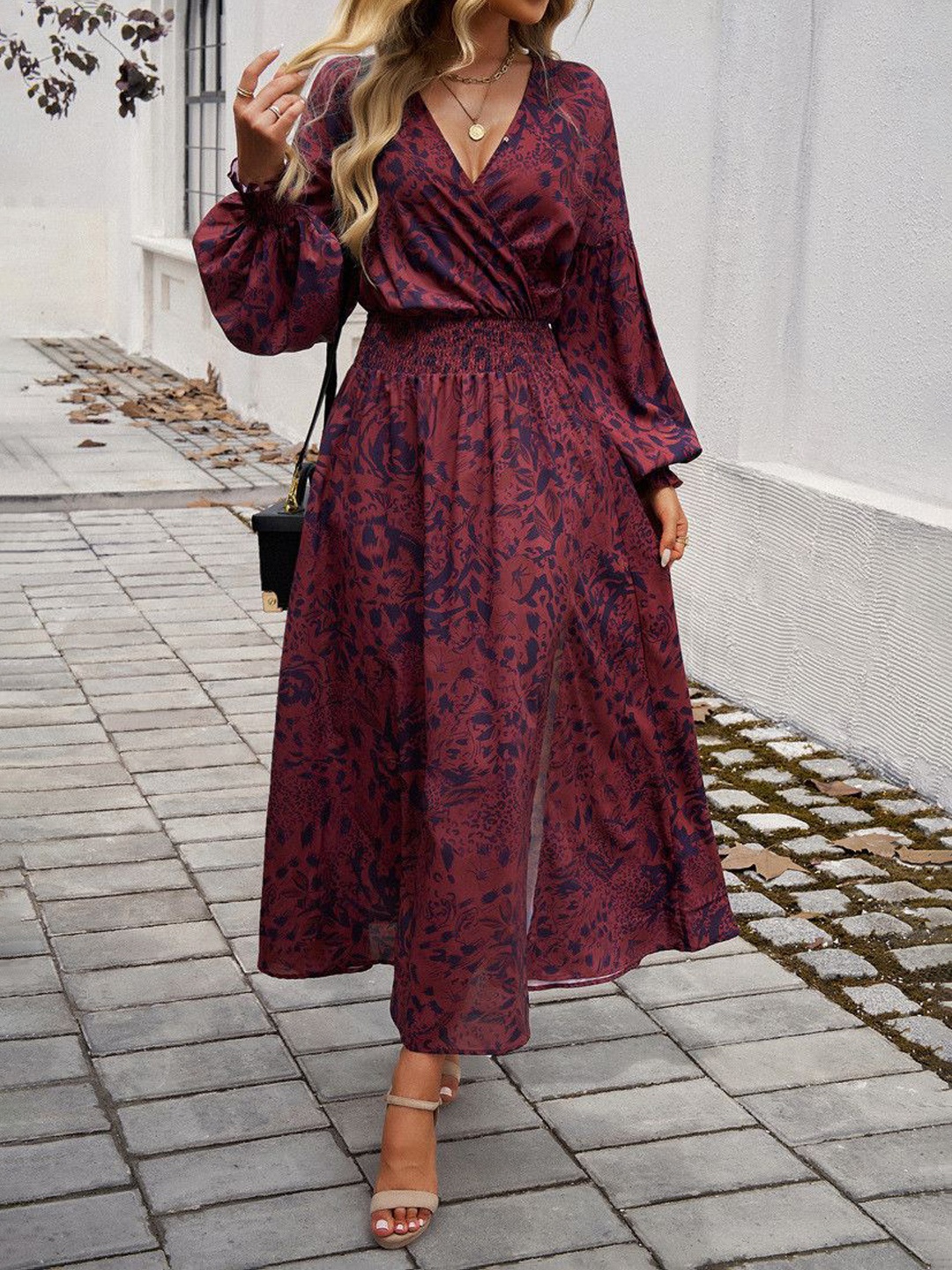 

Mast & Harbour Women Floral Printed Puff Sleeve Wrap Midi Dress, Brown