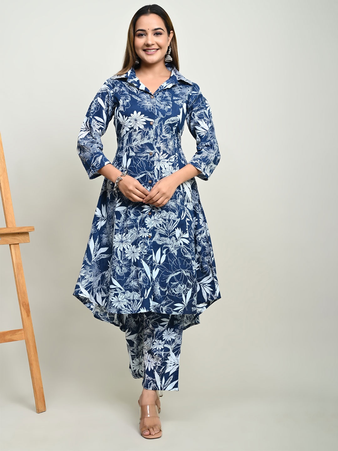 

TRUVON FASHIONS Floral Printed Shirt Collar Tunic & Trouser, Blue