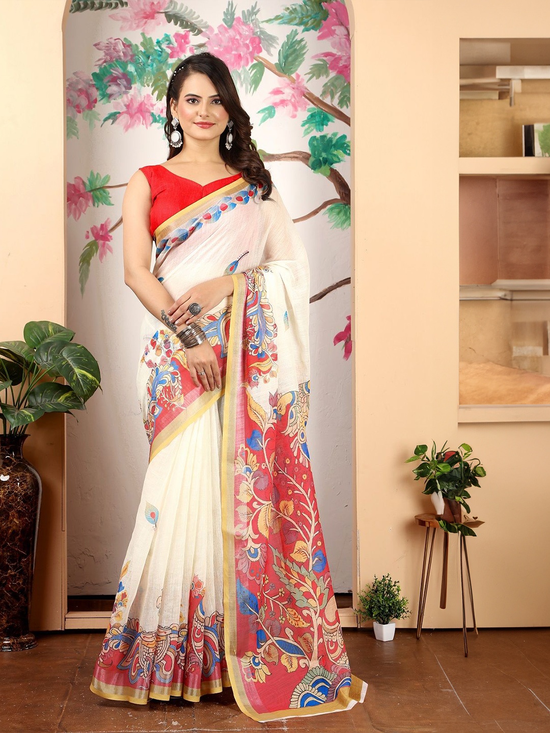 

ORUS Ethnic Motifs Zari Pure Cotton Saree, White