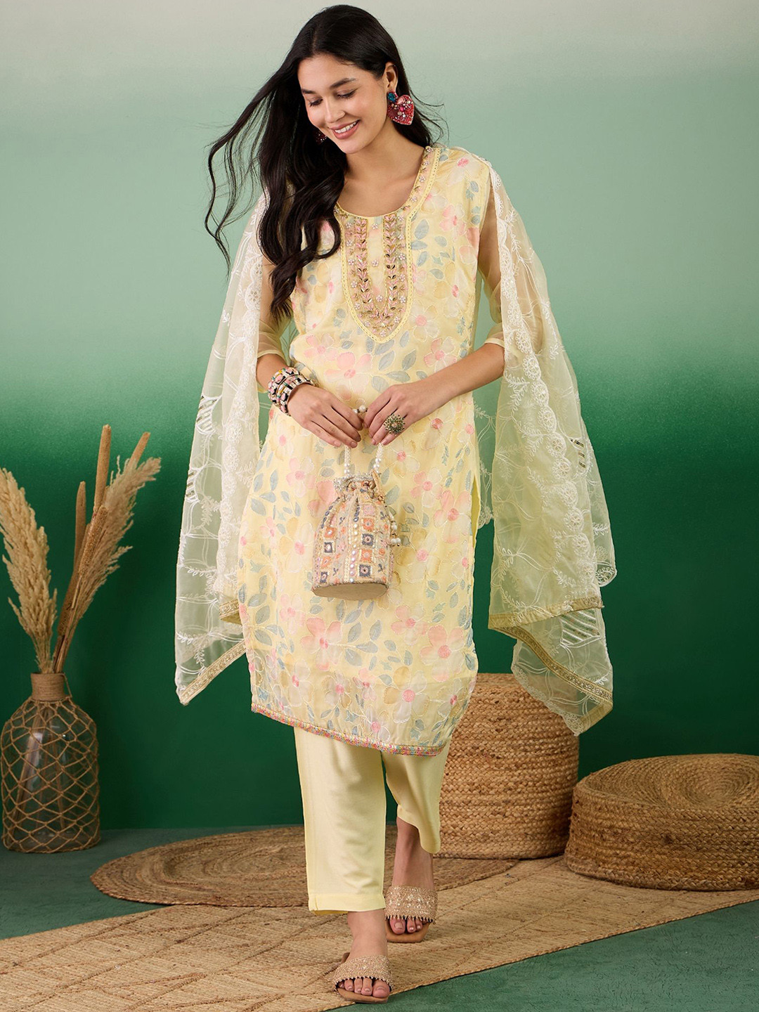 

SHADOW & SAINING Floral Embroidered Beads & Stones Organza Unstitched Dress Material, Yellow