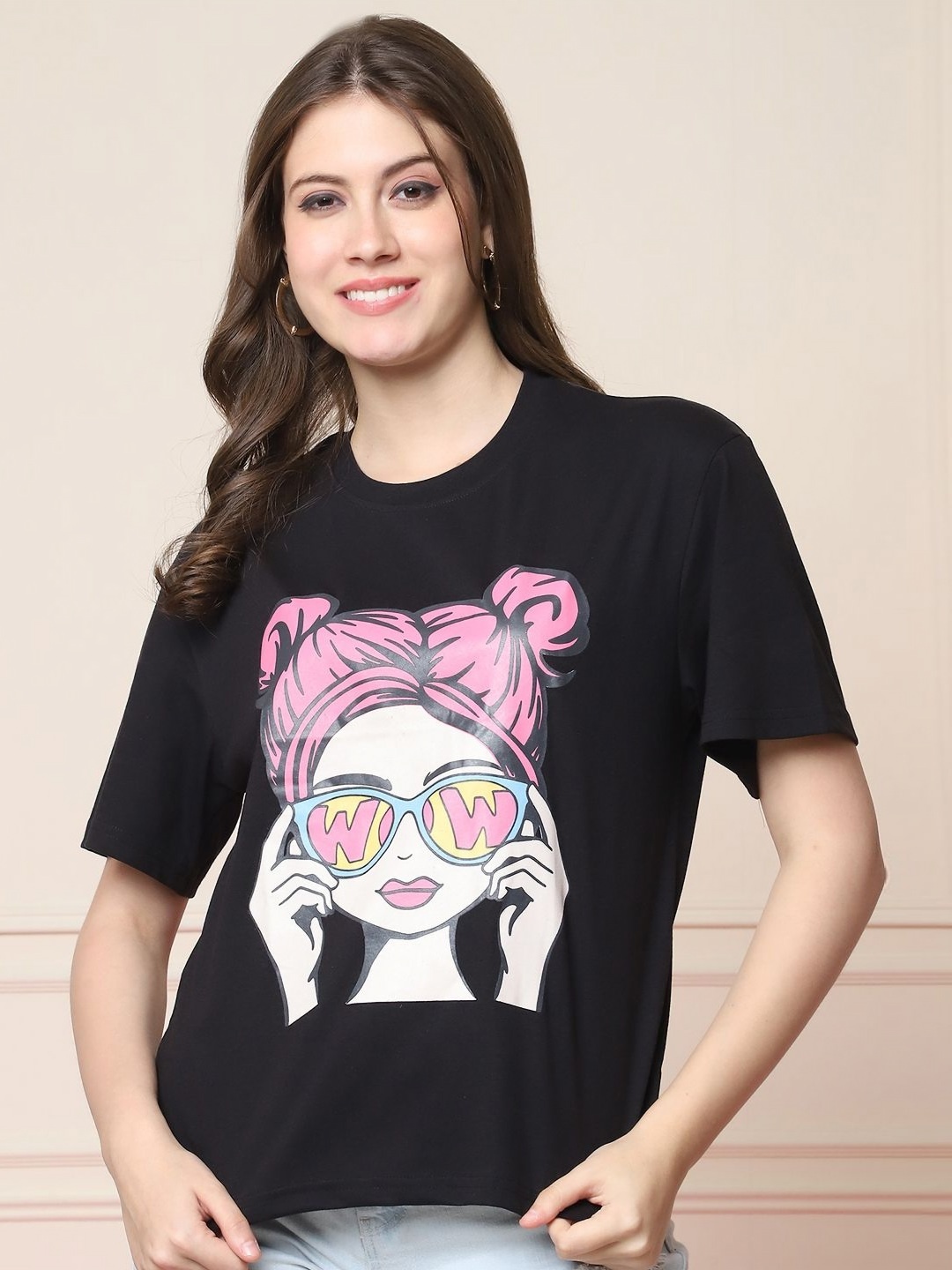 

Tromko Women Graphic Printed Round Neck Cotton Oversized T-shirt, Black