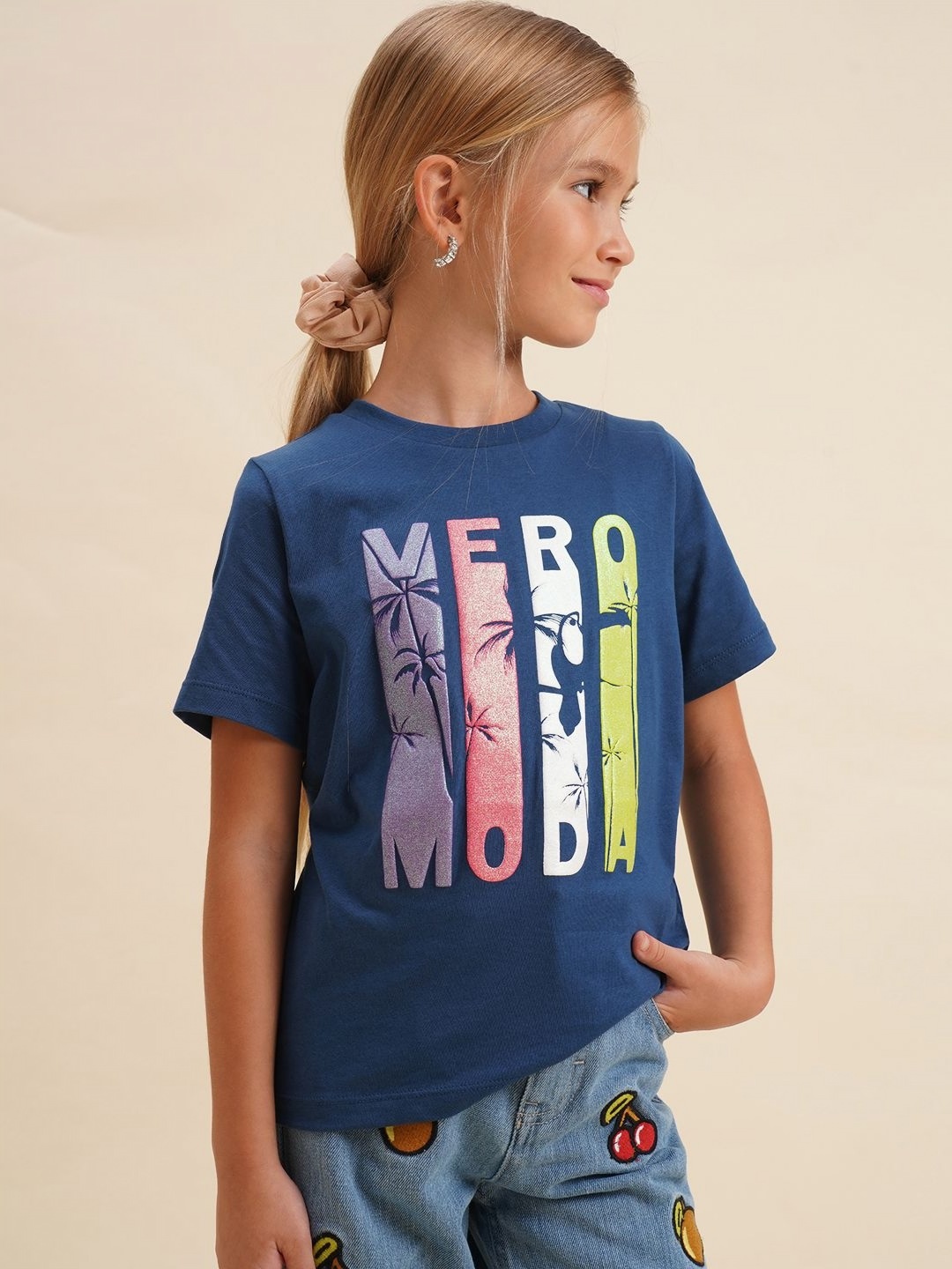 

Vero Moda Girls Graphic Printed Round Neck Cotton T-shirt, Blue