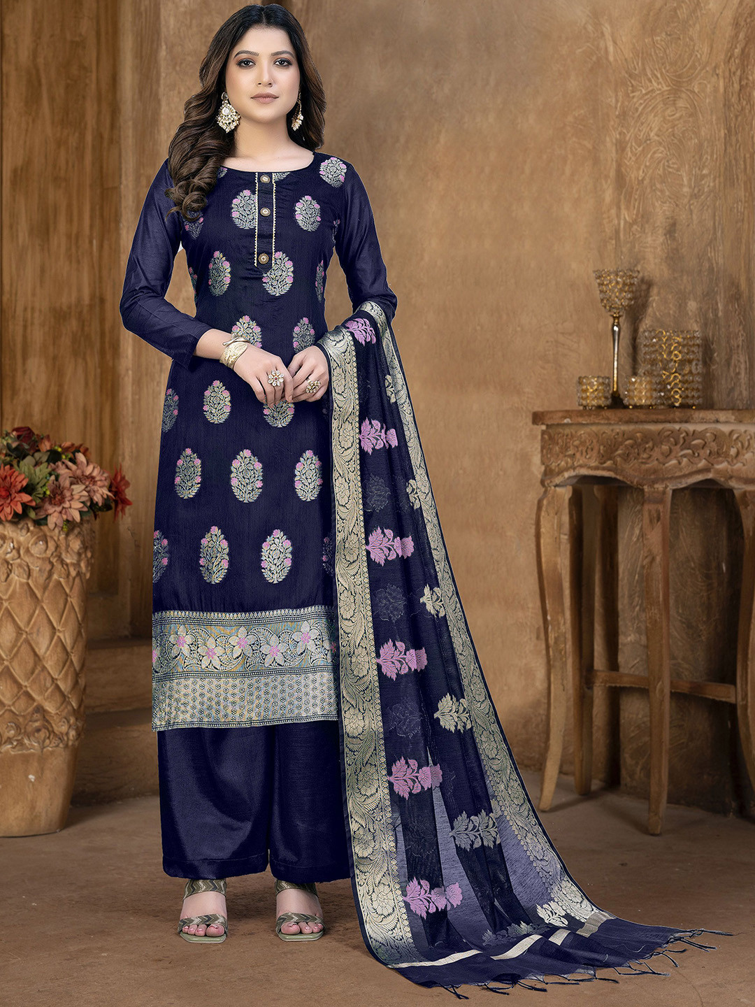 

SHADOW & SAINING Floral Woven Design Zari Semi-Stitched Dress Material, Blue