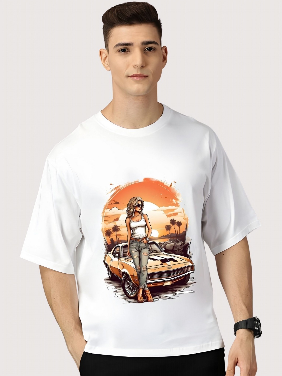 

SZN Men Graphic Printed Round Neck Cotton Oversized T-shirt, White