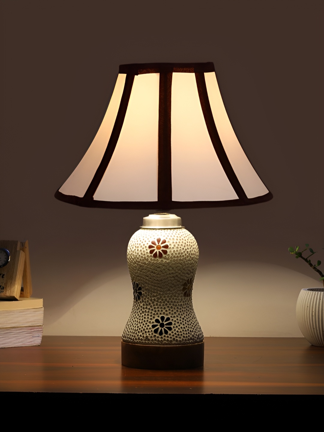 

Devansh White & Blue Printed Wooden Frustum Shaped Table Lamp With Mosaic Glass Base